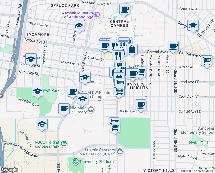 map of restaurants, bars, coffee shops, grocery stores, and more near 2110 Coal Place Southeast in Albuquerque