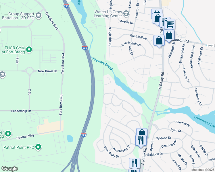 map of restaurants, bars, coffee shops, grocery stores, and more near 942 Stewarts Creek Drive in Fayetteville