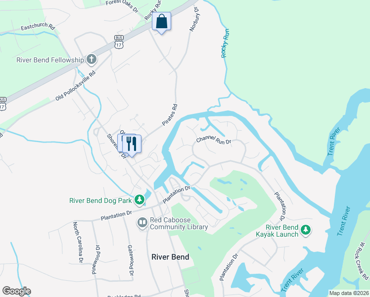 map of restaurants, bars, coffee shops, grocery stores, and more near 101 Portside Lane in New Bern