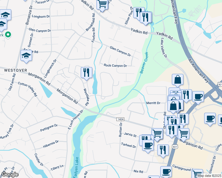map of restaurants, bars, coffee shops, grocery stores, and more near 308 Waterdown Drive in Fayetteville