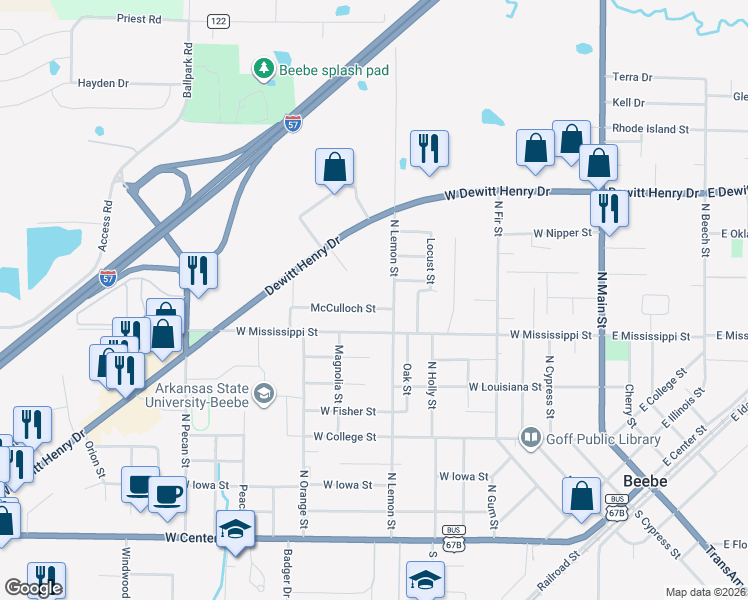 map of restaurants, bars, coffee shops, grocery stores, and more near 1205 North Lemon Street in Beebe