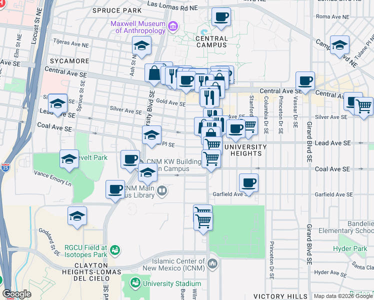 map of restaurants, bars, coffee shops, grocery stores, and more near 508 Buena Vista Drive Southeast in Albuquerque
