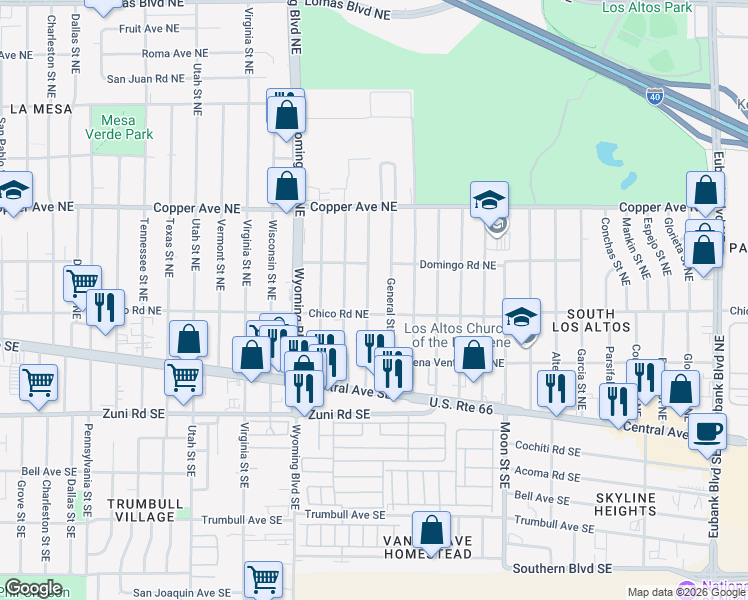 map of restaurants, bars, coffee shops, grocery stores, and more near 325 General Stilwell Street Northeast in Albuquerque