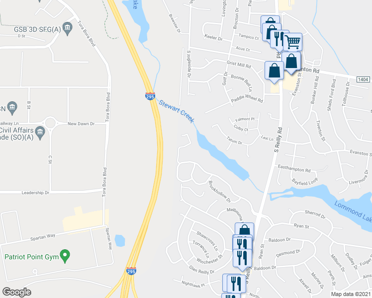 map of restaurants, bars, coffee shops, grocery stores, and more near 942 Stewarts Creek Drive in Fayetteville