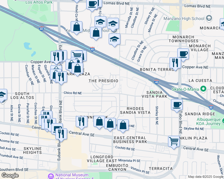 map of restaurants, bars, coffee shops, grocery stores, and more near 10923 Arguello Trail Northeast in Albuquerque