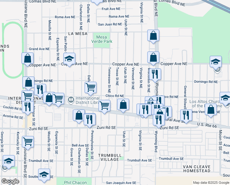 map of restaurants, bars, coffee shops, grocery stores, and more near 226 Texas Street Northeast in Albuquerque