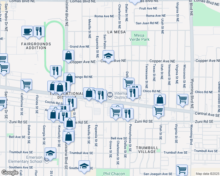 map of restaurants, bars, coffee shops, grocery stores, and more near 232 San Pablo Street Northeast in Albuquerque