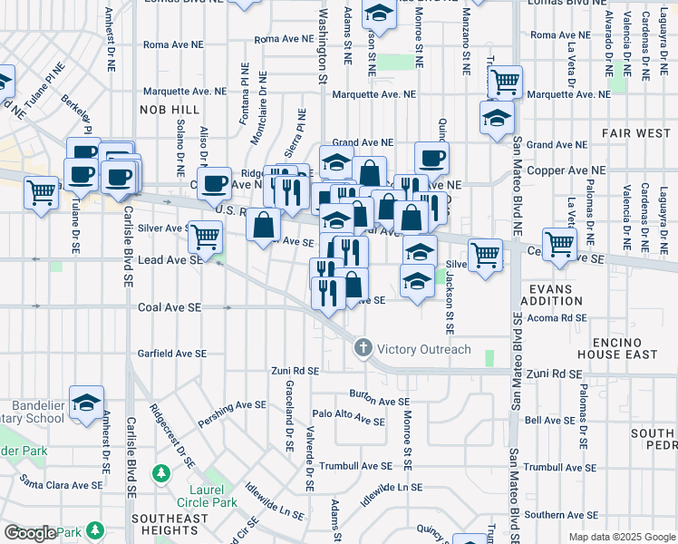map of restaurants, bars, coffee shops, grocery stores, and more near 4401 Silver Avenue Southeast in Albuquerque
