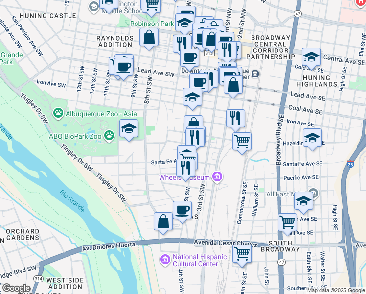 map of restaurants, bars, coffee shops, grocery stores, and more near 505 Atlantic Avenue Southwest in Albuquerque