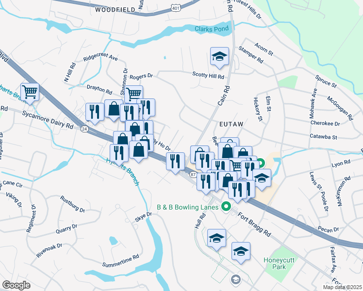map of restaurants, bars, coffee shops, grocery stores, and more near 650 Tally Drive in Fayetteville
