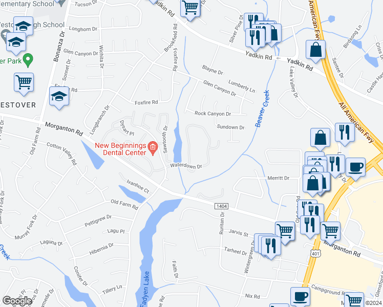 map of restaurants, bars, coffee shops, grocery stores, and more near 217 Waterdown Drive in Fayetteville