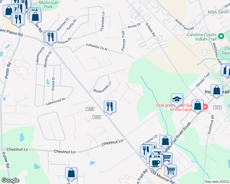 map of restaurants, bars, coffee shops, grocery stores, and more near 5008 Tulip Lane in Matthews