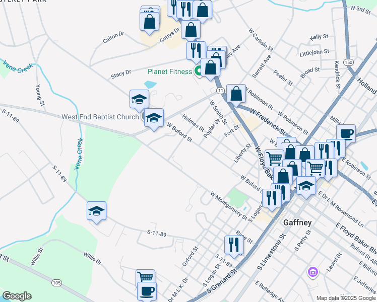 map of restaurants, bars, coffee shops, grocery stores, and more near 73 Poplar Street in Gaffney