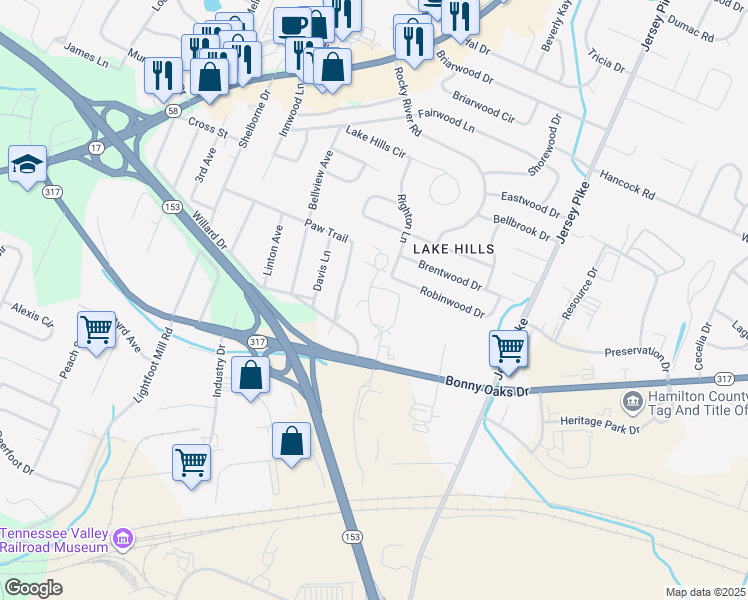 map of restaurants, bars, coffee shops, grocery stores, and more near 4627 Paw Trail in Chattanooga