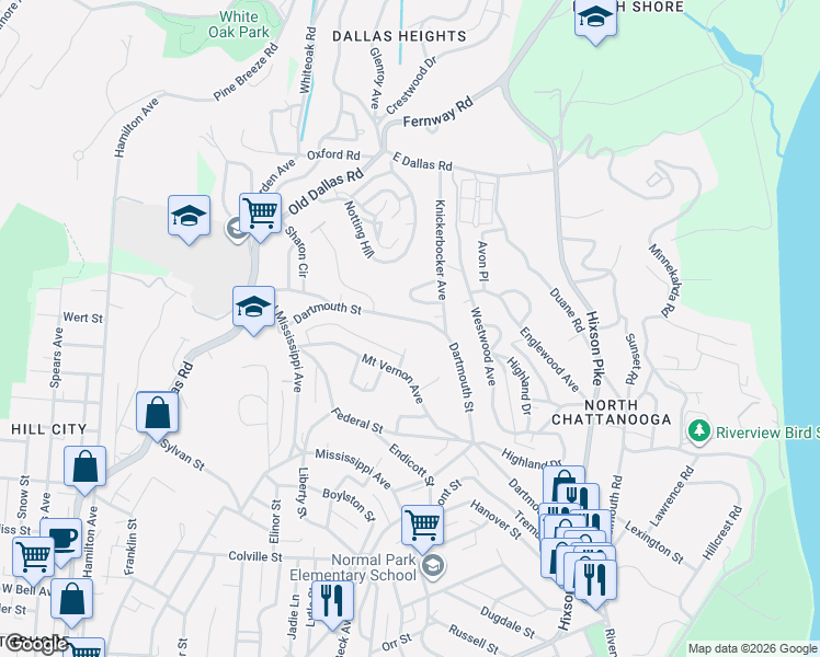 map of restaurants, bars, coffee shops, grocery stores, and more near 897 Dartmouth Street in Chattanooga