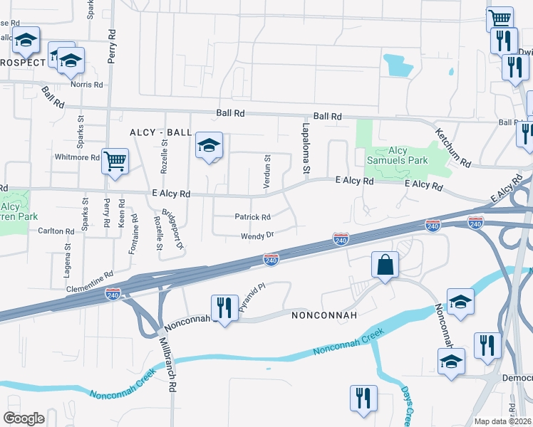map of restaurants, bars, coffee shops, grocery stores, and more near 1841 East Alcy Road in Memphis