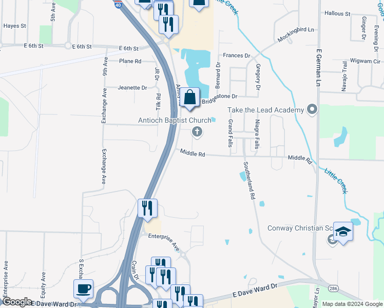 map of restaurants, bars, coffee shops, grocery stores, and more near 150 Amity Road in Conway