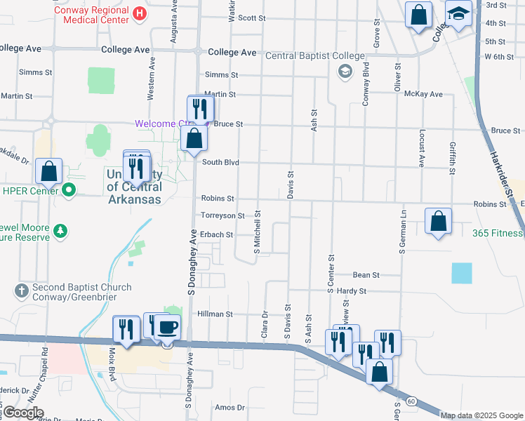map of restaurants, bars, coffee shops, grocery stores, and more near 1828 Robins Street in Conway