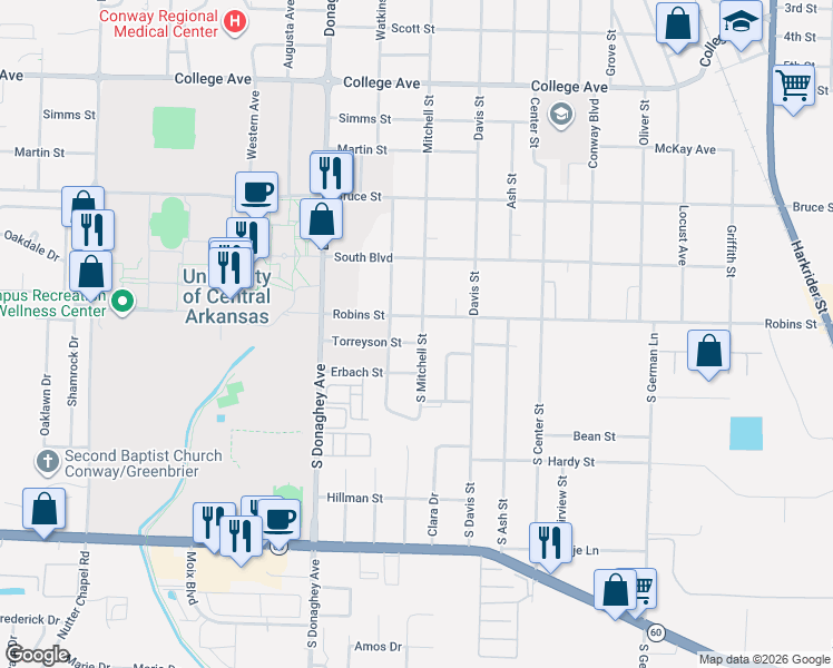 map of restaurants, bars, coffee shops, grocery stores, and more near 103 Mitchell Street in Conway