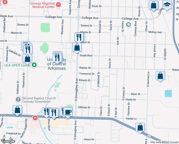 map of restaurants, bars, coffee shops, grocery stores, and more near 100 Elizabeth Street in Conway