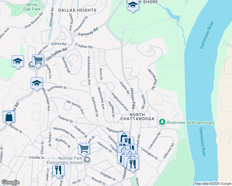 map of restaurants, bars, coffee shops, grocery stores, and more near 1268 Duane Road in Chattanooga