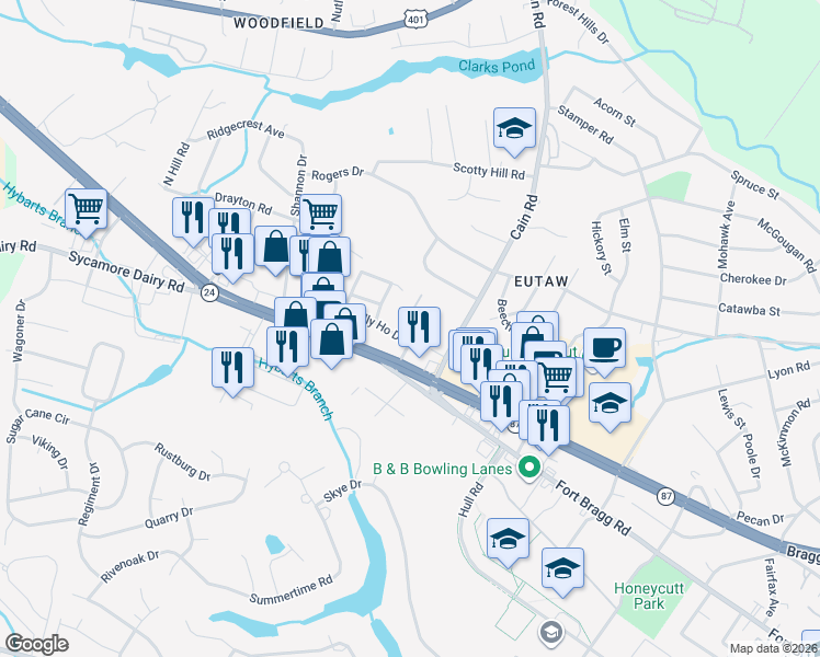 map of restaurants, bars, coffee shops, grocery stores, and more near 937 Pedro Drive in Fayetteville