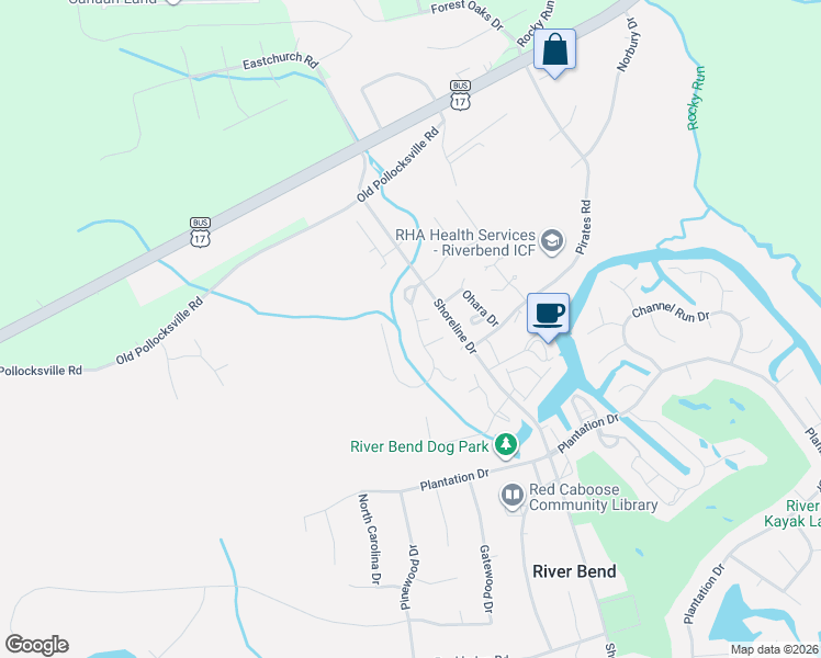 map of restaurants, bars, coffee shops, grocery stores, and more near 211 Lakemere Drive in New Bern