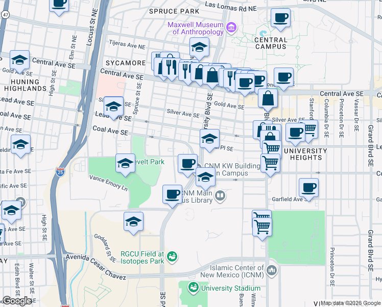 map of restaurants, bars, coffee shops, grocery stores, and more near 1700 Coal Avenue Southeast in Albuquerque