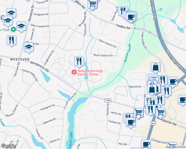 map of restaurants, bars, coffee shops, grocery stores, and more near 217 Waterdown Drive in Fayetteville