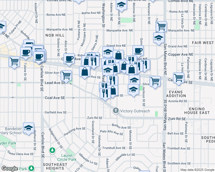 map of restaurants, bars, coffee shops, grocery stores, and more near 4401 Silver Avenue Southeast in Albuquerque