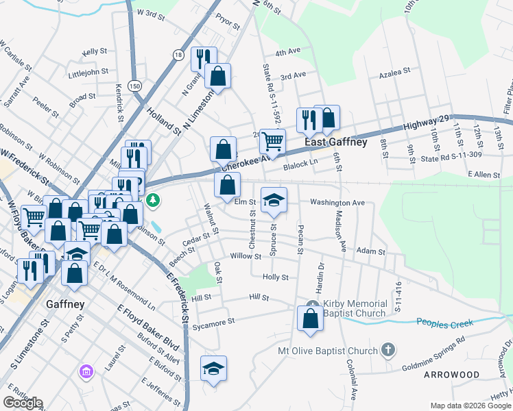 map of restaurants, bars, coffee shops, grocery stores, and more near 403 Elm Street in Gaffney