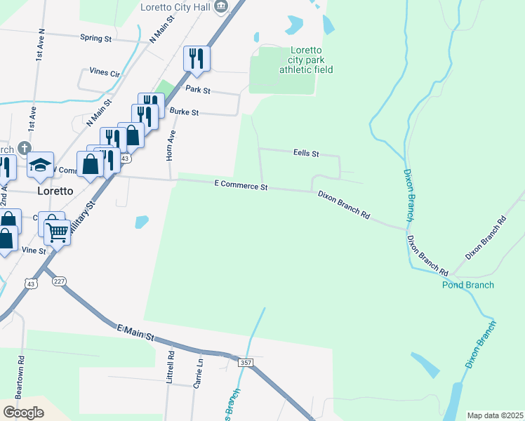 map of restaurants, bars, coffee shops, grocery stores, and more near Dixon Branch Rd in Loretto