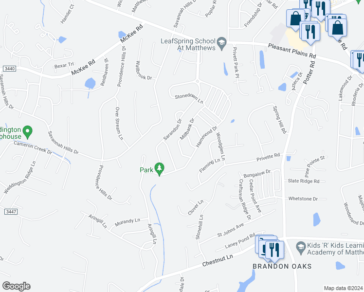 map of restaurants, bars, coffee shops, grocery stores, and more near 1365 Millbank Drive in Stallings