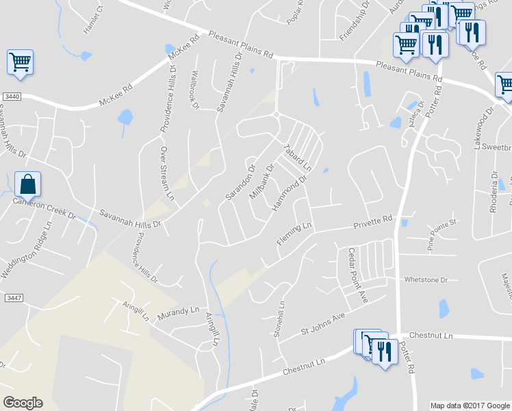 map of restaurants, bars, coffee shops, grocery stores, and more near 1365 Millbank Drive in Matthews