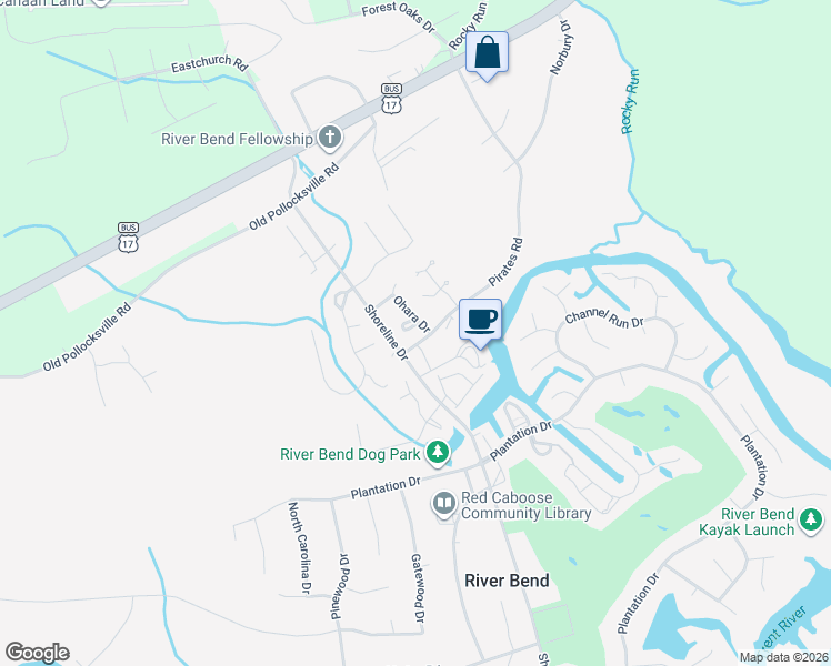 map of restaurants, bars, coffee shops, grocery stores, and more near 18 Pillory Circle in New Bern