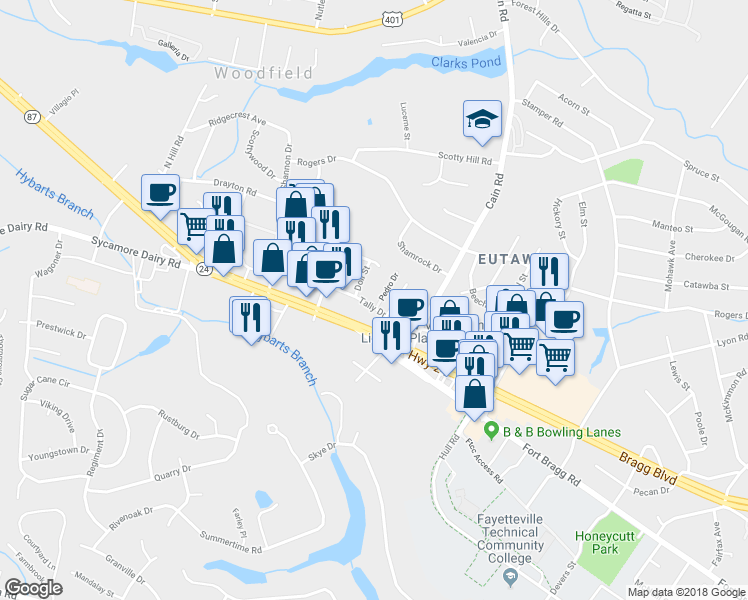 map of restaurants, bars, coffee shops, grocery stores, and more near 909 Pedro Drive in Fayetteville