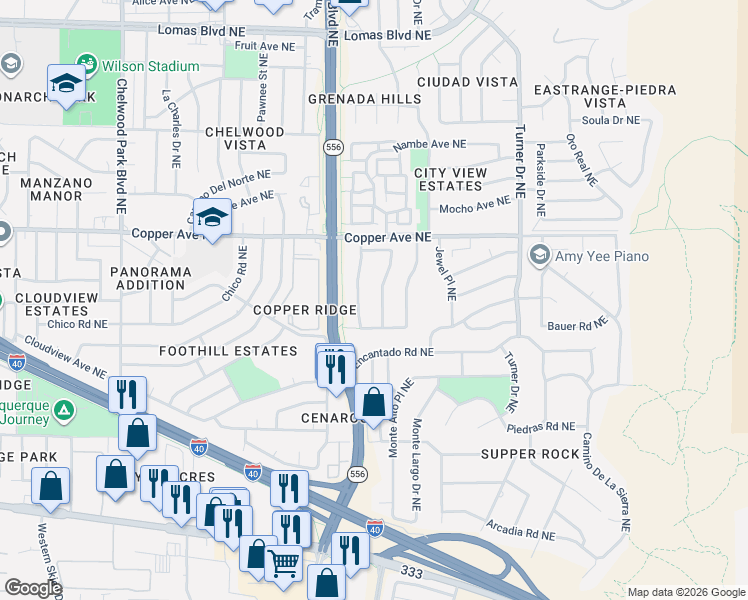 map of restaurants, bars, coffee shops, grocery stores, and more near 633 Monte Alto Drive Northeast in Albuquerque