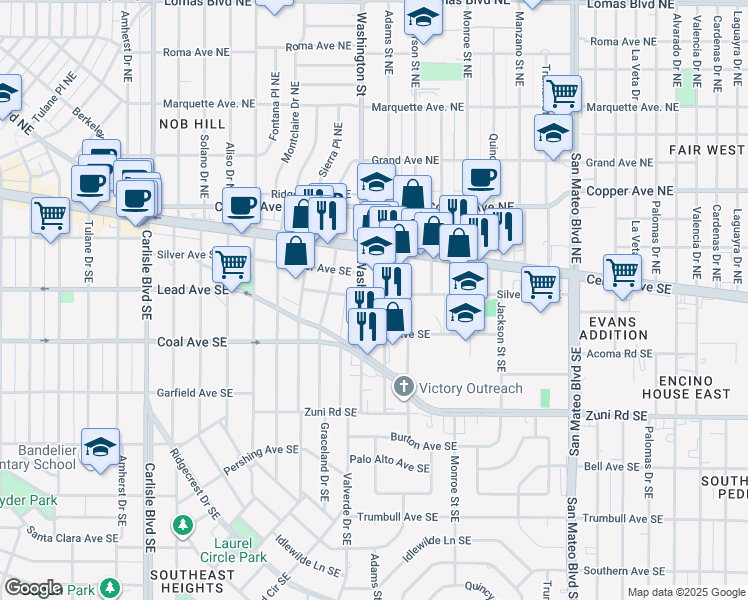 map of restaurants, bars, coffee shops, grocery stores, and more near 4401 Silver Avenue Southeast in Albuquerque