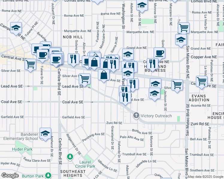 map of restaurants, bars, coffee shops, grocery stores, and more near 4207 Mesa Grande Place Southeast in Albuquerque
