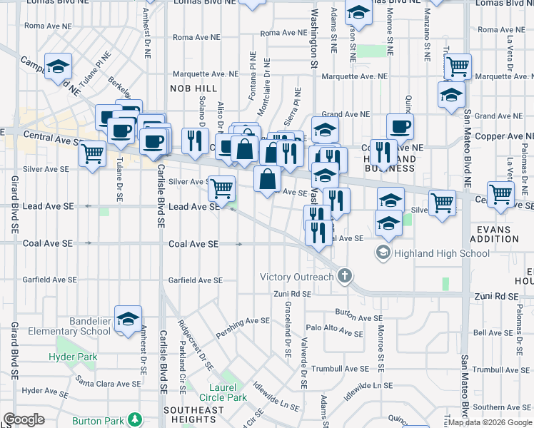 map of restaurants, bars, coffee shops, grocery stores, and more near 4207 Mesa Grande Place Southeast in Albuquerque