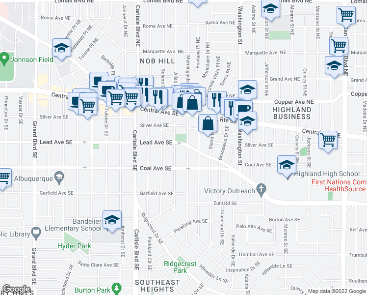 map of restaurants, bars, coffee shops, grocery stores, and more near 3901 Lead Avenue Southeast in Albuquerque