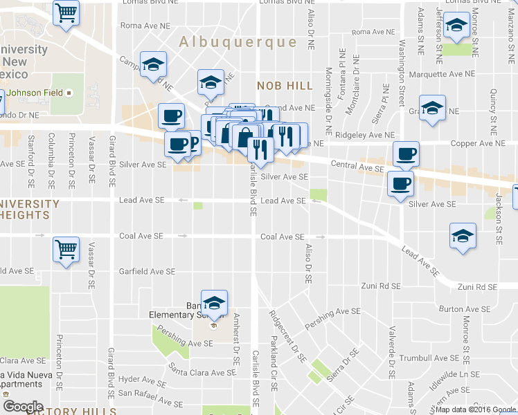 map of restaurants, bars, coffee shops, grocery stores, and more near 221 Hermosa Drive Southeast in Albuquerque