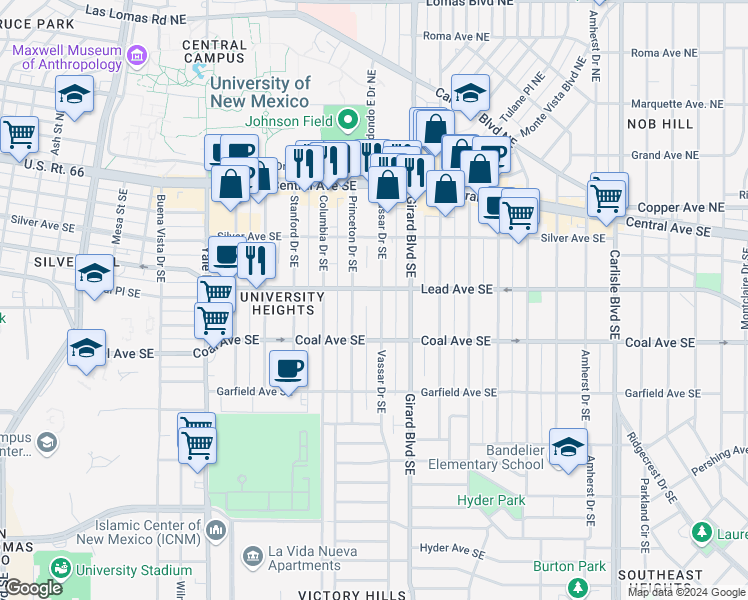 map of restaurants, bars, coffee shops, grocery stores, and more near in Albuquerque