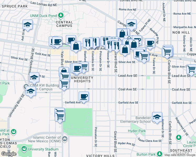 map of restaurants, bars, coffee shops, grocery stores, and more near 224 Princeton Drive Southeast in Albuquerque