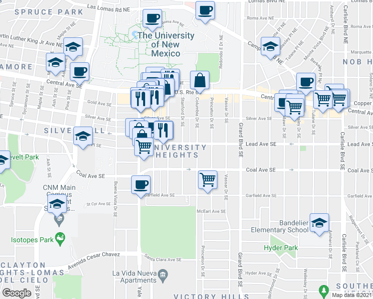 map of restaurants, bars, coffee shops, grocery stores, and more near in Albuquerque
