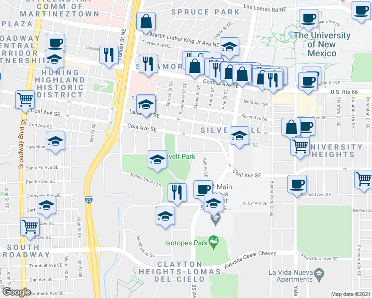 map of restaurants, bars, coffee shops, grocery stores, and more near 512 Sycamore Street Southeast in Albuquerque