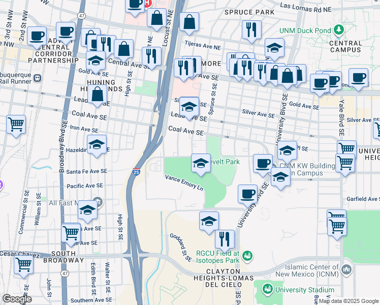 map of restaurants, bars, coffee shops, grocery stores, and more near 521 Cedar Street Southeast in Albuquerque