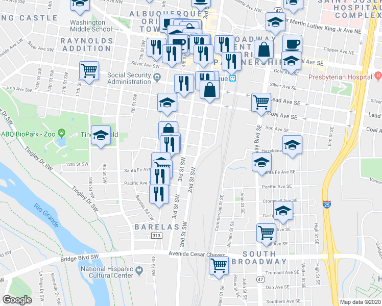 map of restaurants, bars, coffee shops, grocery stores, and more near Hazeldine Avenue Southeast in Albuquerque