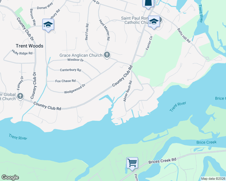 map of restaurants, bars, coffee shops, grocery stores, and more near 3500-3508 Country Club Rd in Trent Woods