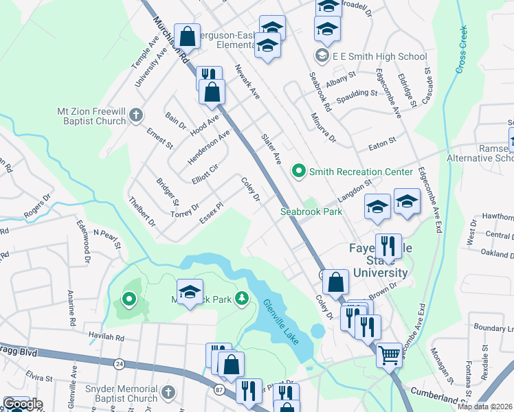 map of restaurants, bars, coffee shops, grocery stores, and more near 1605 Kendall Street in Fayetteville
